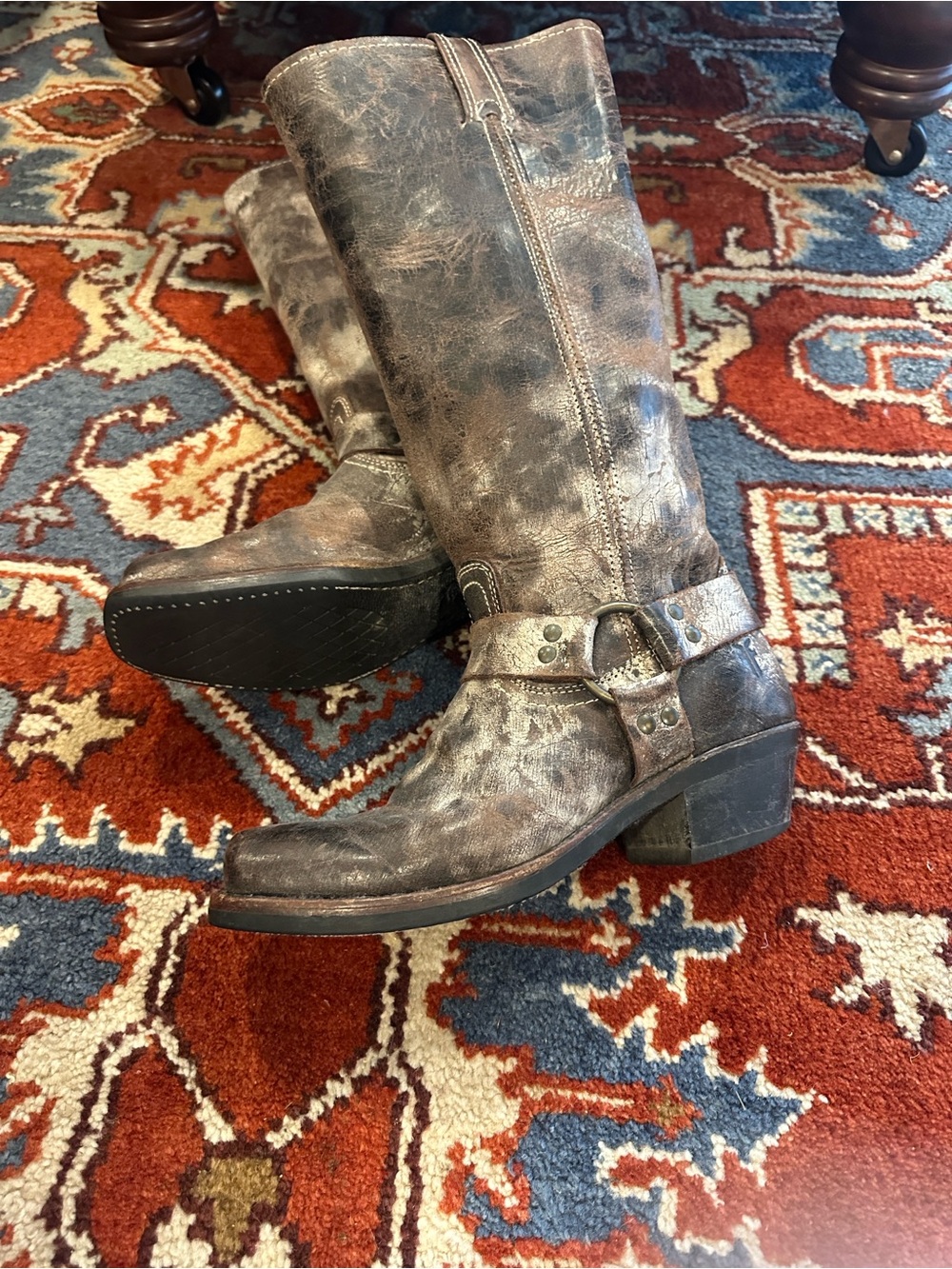 VTG Frye RARE Distressed Gray-Brown Harness Mid-Calf Boots
